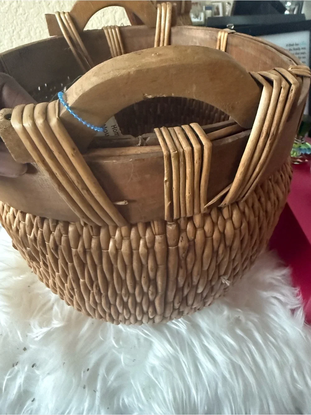 Antique Chinese Woven Willow Gathering Basket Medium Hand Carved Arched Handles